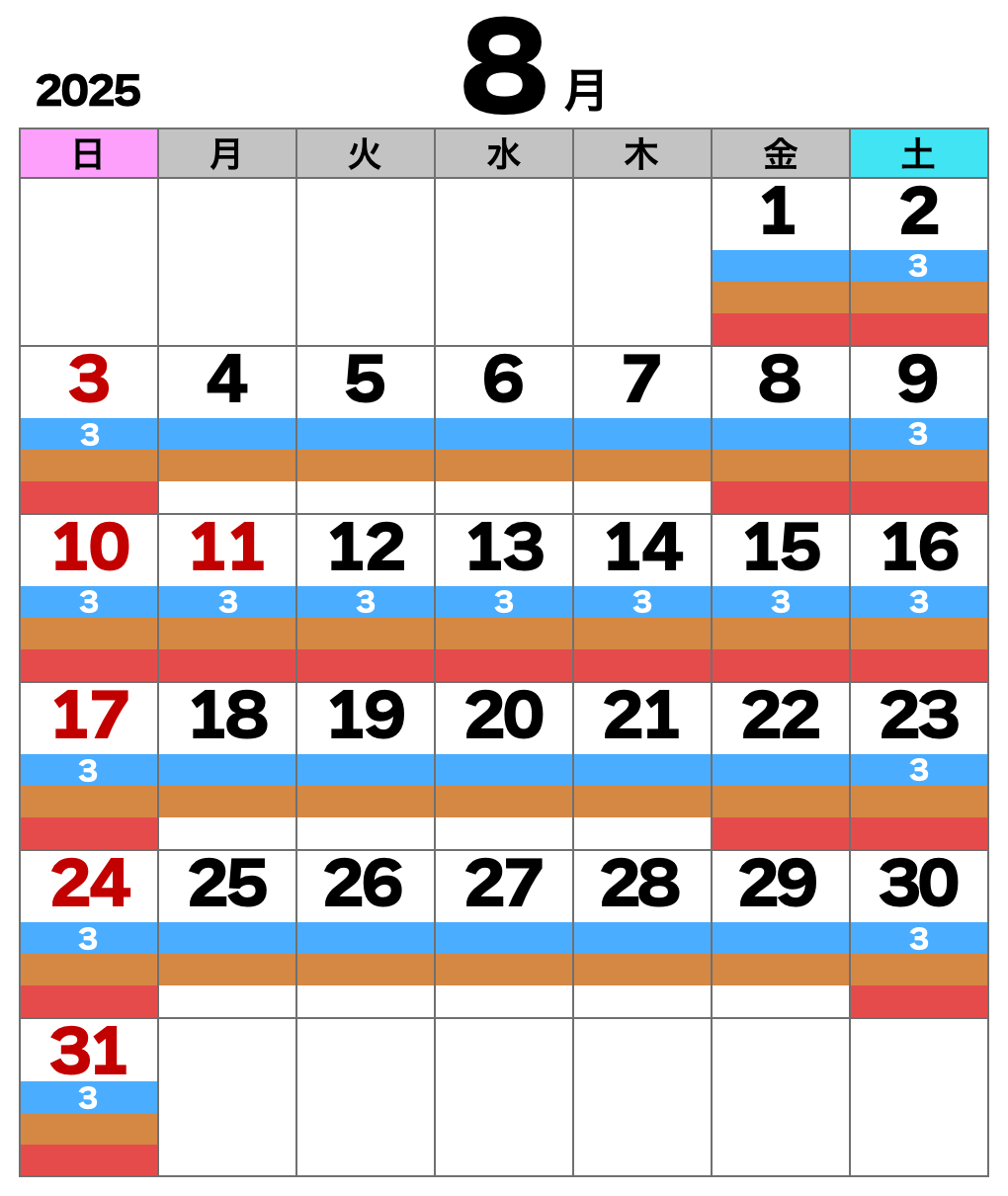 2025年8月の運転スケジュール